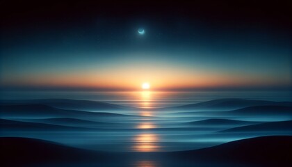 Fototapeta premium Tranquil Sea with Sunrise, Crescent Moon, and Stars
