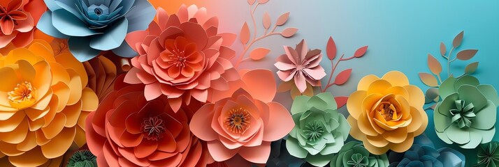 background wallpaper empty space in center area, beautiful retro modern trendy Paper cut flowers bold and big 3D, for text background