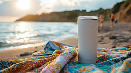 Design a product mockup with a tall drinking glass on top of a colorful beach towel. Packaging