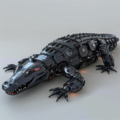A robotic alligator, robust and menacing, engineered from intricate components, glides with stealth, its sensors mimicking reptilian behaviors convincingly 3D (Generative Ai)