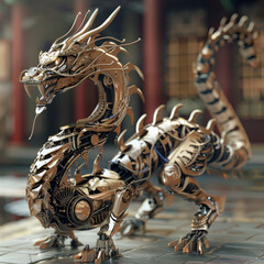 A robotic Asian dragon, adorned with scales and serpentine grace, crafted from advanced machinery, moves with mythical elegance, its sensors replicating legendary creature behaviors convincingly 3D (G