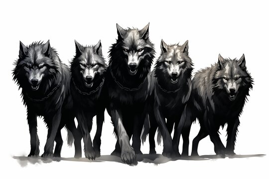 Black and White Illustration of a Pack of Fenris Wolfes on a White Background