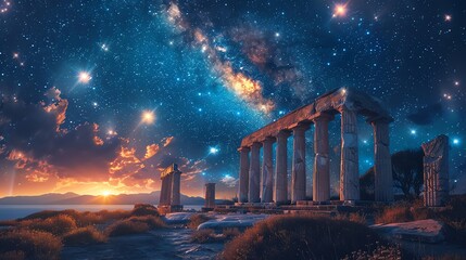 Celestial observatory with constellations aligning to form ancient symbols in the night sky - obrazy, fototapety, plakaty