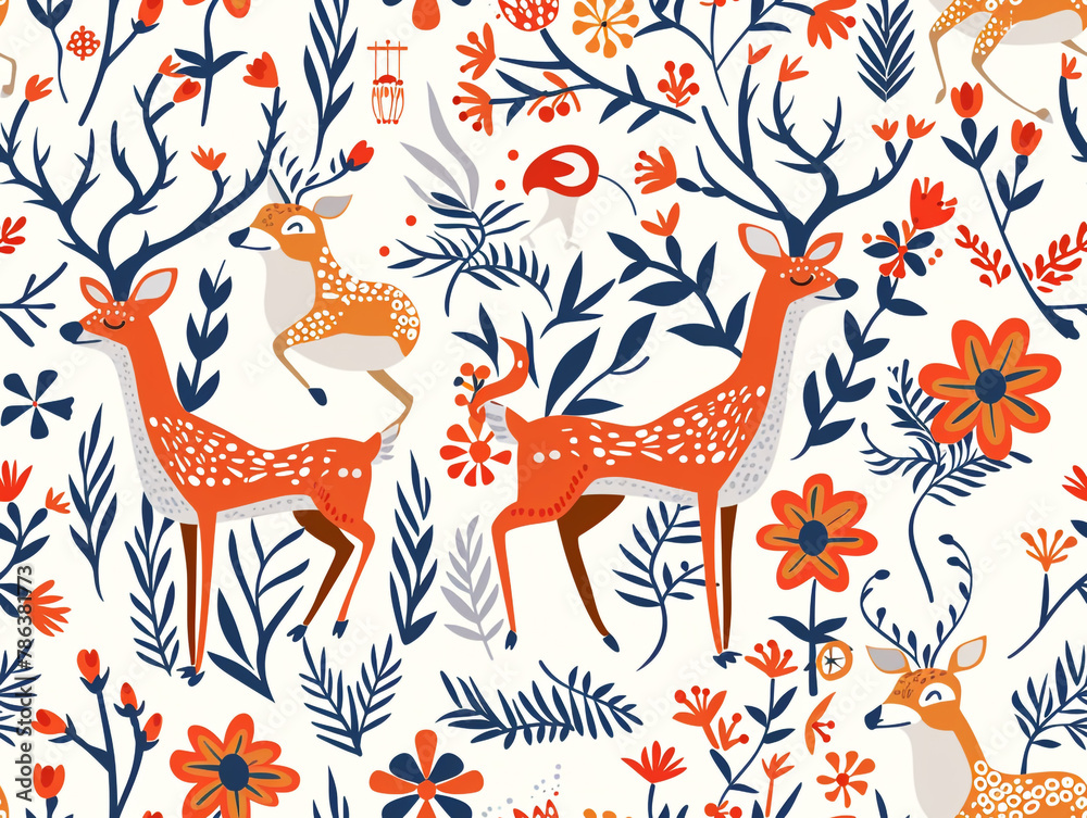 Wall mural Forest animal and flower drawing Folk art seamless pattern. Scandinavian style.  - Wall murals