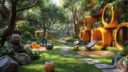 Children s play area brightened with playful 3D rendered animalshaped topiaries - obrazy, fototapety, plakaty