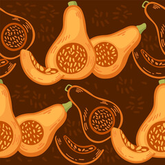 Seamless pattern of orange pumpkin seasonal vegetable vector illustration on brown background