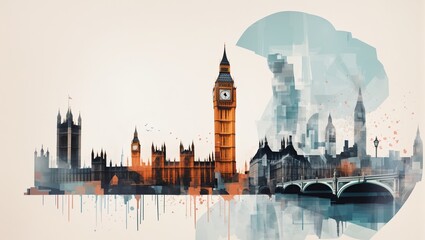 A painting of the London skyline with the Houses of Parliament and Big Ben - obrazy, fototapety, plakaty