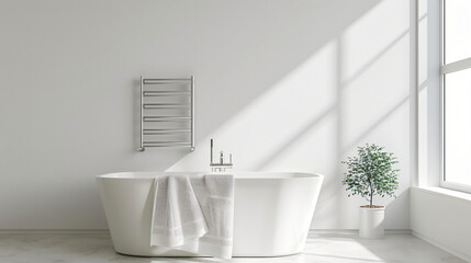 Heated towel rail on white wall in bathroom 