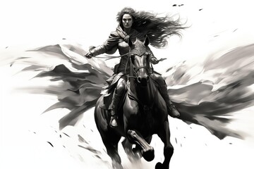 Black and White Illustration of a Valkyrie on a Horse on a White Background