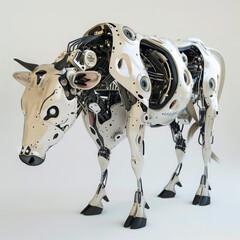A robotic cow, sturdy and efficient, engineered from intricate components, moves with steady determination, its sensors mimicking bovine behaviors convincingly 3D(Generative Ai)