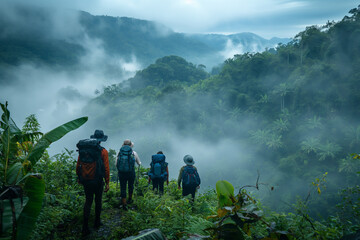 Backpacker group hikes up a mountain in a rainforest area with views of forest, mountains and mist. - obrazy, fototapety, plakaty