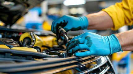 Skilled auto mechanic s hands performing car repairs in a specialized service center