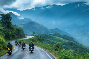 Fototapeta na wymiar Biker group travel on trip motorcycle adventure on rural road.