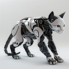 A robotic cat, sleek and precise, crafted from advanced machinery, moves with grace, its sensors replicating feline behaviors flawlessly 3D (Generative Ai)