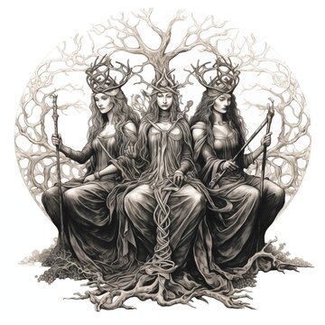 Black and White Illustration of the Norns on a White Background