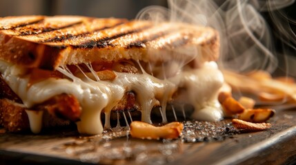 Close-up of a savory grilled panini sandwich with melted cheese oozing out on a wooden cutting board - obrazy, fototapety, plakaty