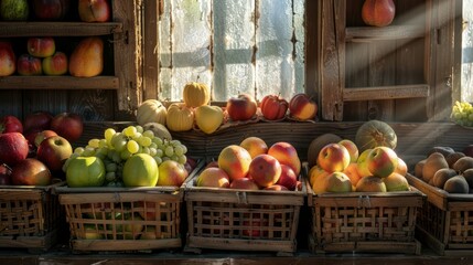 Different types of ripe fruits such as apples, oranges, bananas, and grapes displayed in wooden crates and wicker baskets