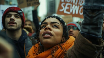 A woman standing in a crowd, passionately holding up a sign in protest or support, surrounded by diverse individuals with determined expressions