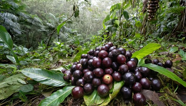 Numa clareira da floresta amaz&ocirc;nica, um a&ccedil;a&iacute; fresco &eacute; colhido das palmeiras, suas bagas roxas contrastando com o verde exuberante ao seu redor. 