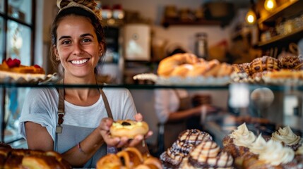 A cheerful woman smiles while holding a pastry in a bakery filled with delicious treats