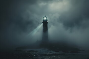 A haunted lighthouse, its beam revealing ghost ships in the night - obrazy, fototapety, plakaty