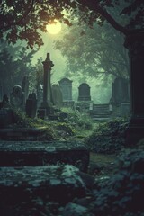 An ancient graveyard at midnight, spirits rising
