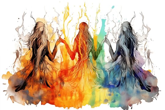 Abstract Colorful Illustration of the Norns on a White Background