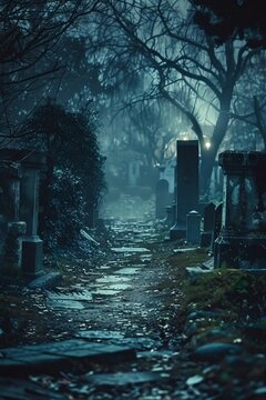 An ancient graveyard at midnight, spirits rising