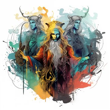 Abstract Colorful Illustration of the Norns on a White Background