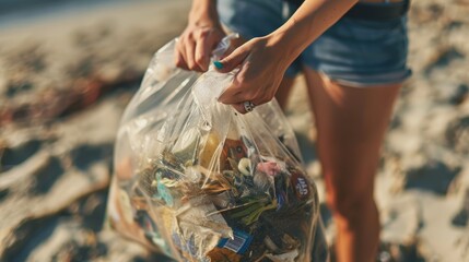A volunteer holding a plastic bag filled with collected beach trash in their hands - obrazy, fototapety, plakaty