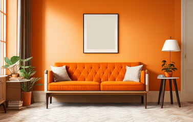 Orange Color Interior Living Room Design: Empty Photo Frame with Solo Paint Decoration