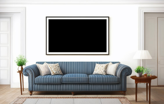 Trendy Interior Living Room Design: Empty Photo Frame with Solo Paint Decoration