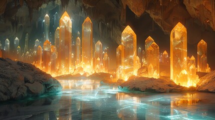 Crystal cavern reflecting thousands of luminescent sacred symbols, shimmering and magical - obrazy, fototapety, plakaty