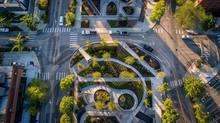 A birds eye view of a city intersection with vehicles, buildings, and lush trees lining the streets