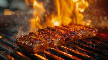 Close-up of a steak sizzling on a hot grill, searing and caramelizing to perfection