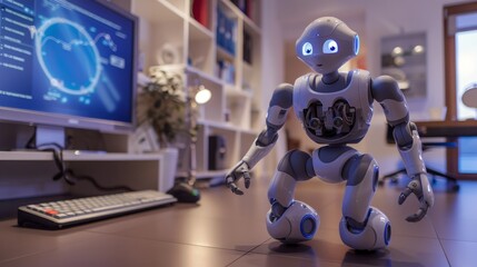 A robot is upright on a desk, facing a computer screen