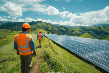Engineer team walking in Solar panels fields on the green hills. have a wind turbine field can be seen in the background. - obrazy, fototapety, plakaty