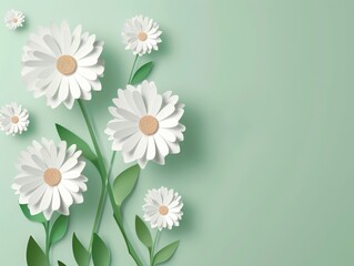 Happy Mother's Day poster background with paper cut flower and text "HAPPY Mother’s day". White daisy on pastel green color background. Paper art style for web banner, flyer or greeting card template 