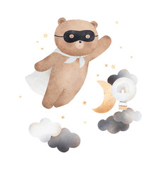 Flying teddy bear in super hero costume. Can be used for kid posters or cards. Watercolor illustration.