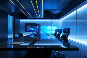 A sleek and minimalist conference room with a holographic AI assistant presenting data.