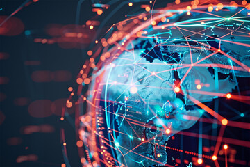 A 3D globe covered in a network of lines and nodes, representing global interconnectedness through AI.