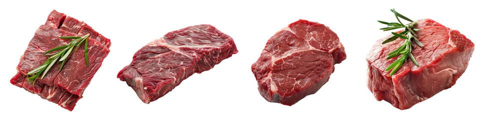 Obraz premium Collection of flat cut of raw meat cutout png isolated on white or transparent background 