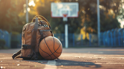 A school bag placed next to a basketball on an outdoor court, ready for a game during recess.