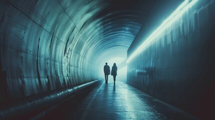 Two individuals walking in a tunnel towards light at the end - obrazy, fototapety, plakaty