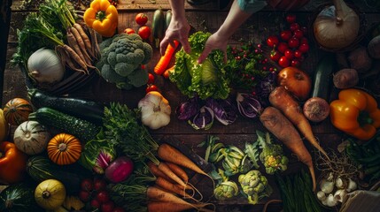 A variety of freshly harvested vegetables displayed on a rustic wooden table by a vendor - obrazy, fototapety, plakaty