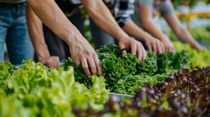 Workers tending to hydroponic crops on a table filled with lettuce in a greenhouse