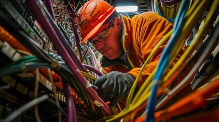 A technician in a hard hat carefully organizes and untangles colorful wires with a focused expression