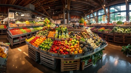 Fototapeta na wymiar A grocery stores produce section is packed with a variety of fresh fruits and vegetables, displaying vibrant colors and textures