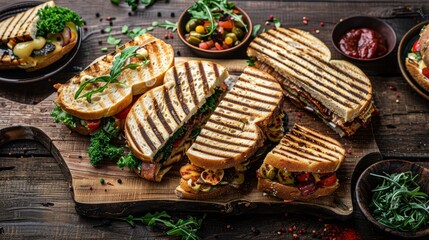 A wooden cutting board displaying a sandwich sliced in half on top of it - obrazy, fototapety, plakaty