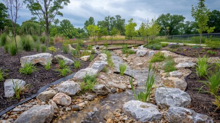 Fototapeta na wymiar A garden featuring rocks, plants, and a bridge, with meandering pathways creating a serene atmosphere